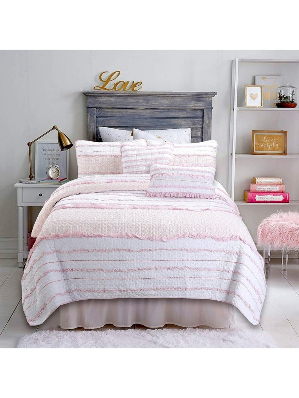 Pretty in Pink Ruffle Striped 100% Cotton Reversible Quilt Set - Twin Bedding, 2